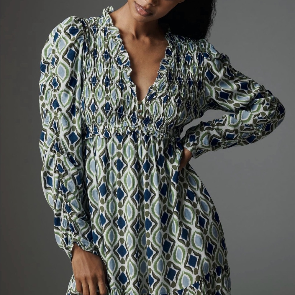 Anthropologie Blue and Green Patterned Dress